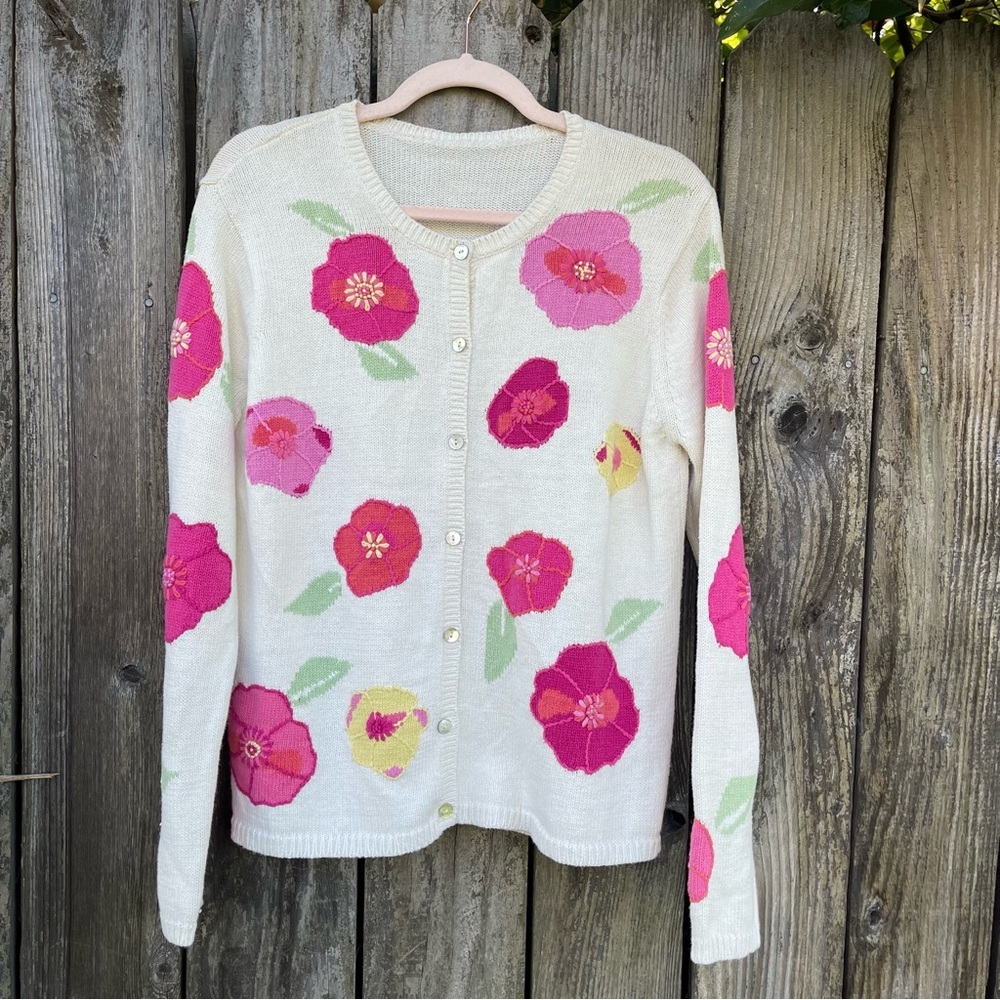 Vintage Floral Knit Cardigan Cream Pink Flowers Cottagecore Women’s L - Picture 2 of 10
